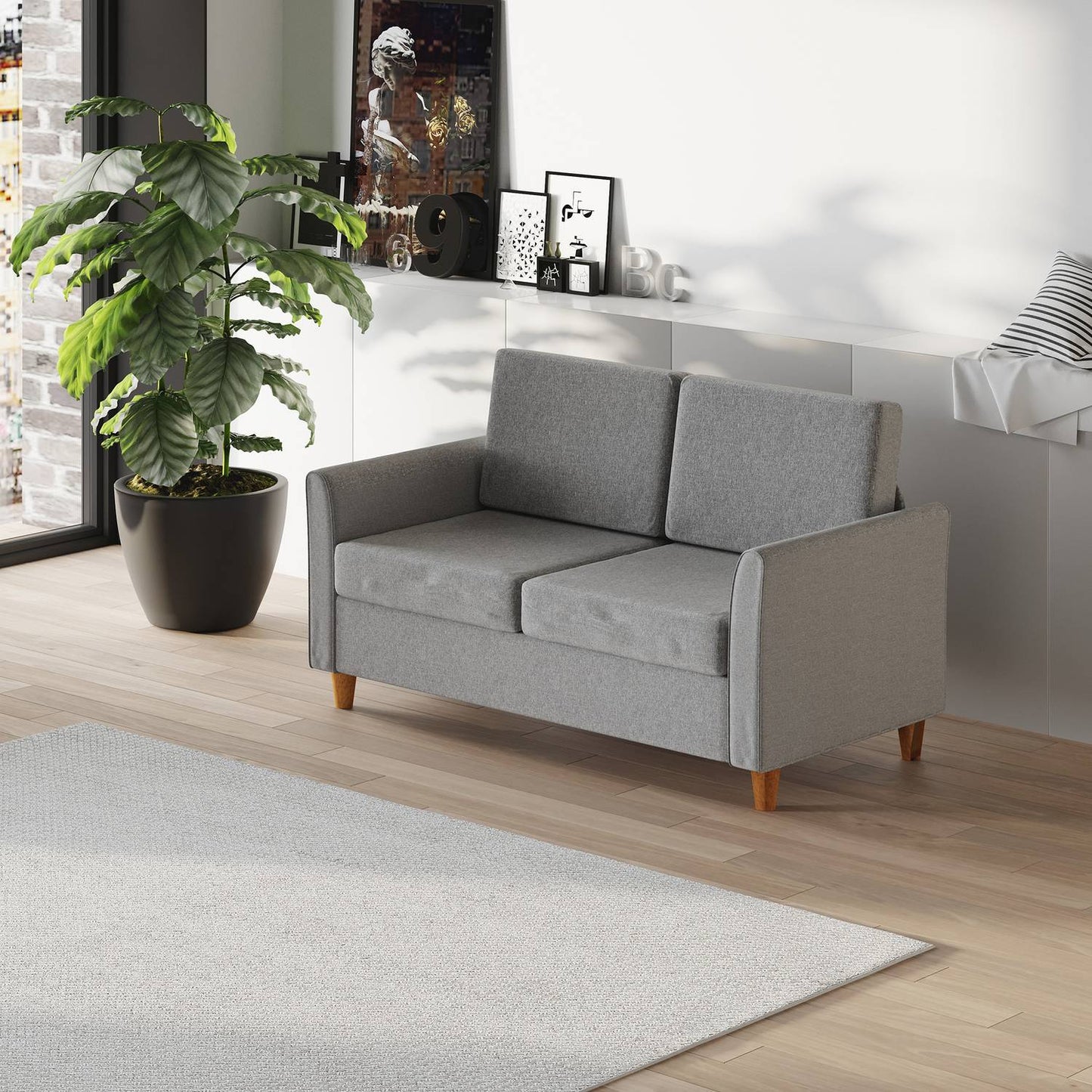 Comfortable double sofa in linen with removable cushions, light grey