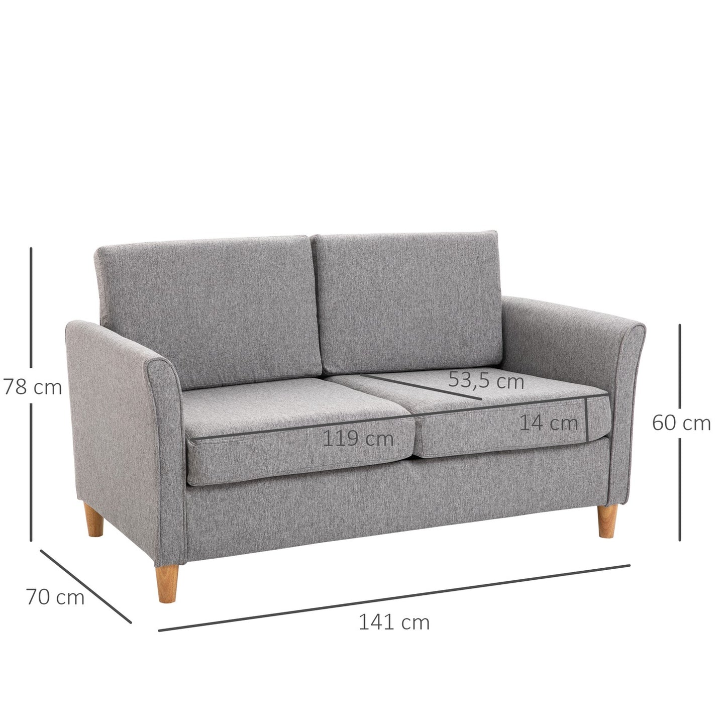 Comfortable double sofa in linen with removable cushions, light grey