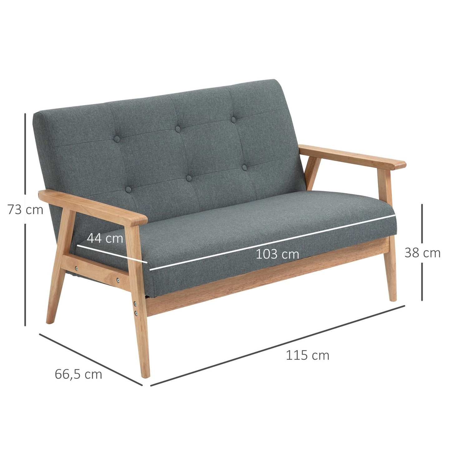 Compact Gray Linen Loveseat - 2 Seater, Rubberwood Frame