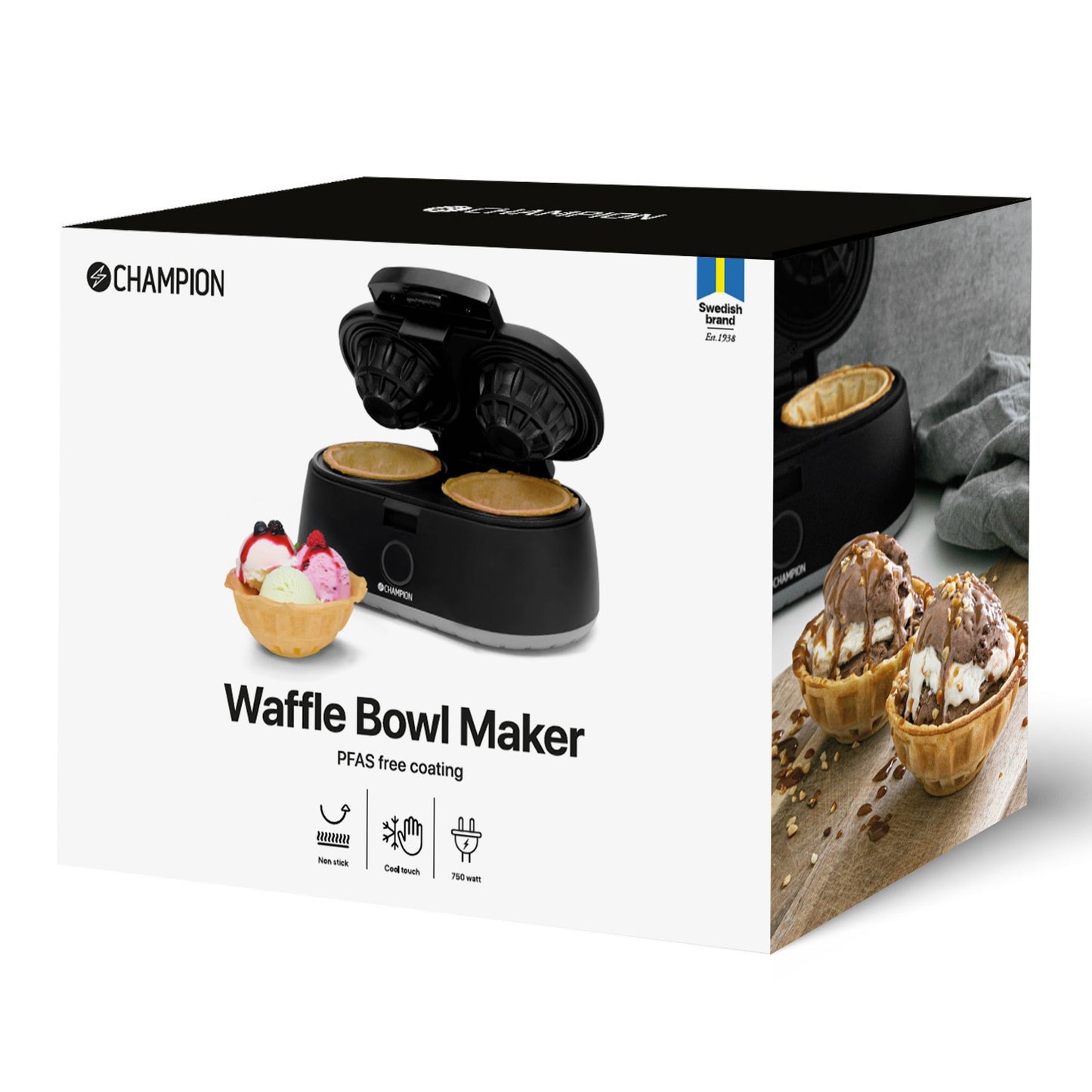 Double Waffle Bowl Maker, 1000W, Non-Stick, Black