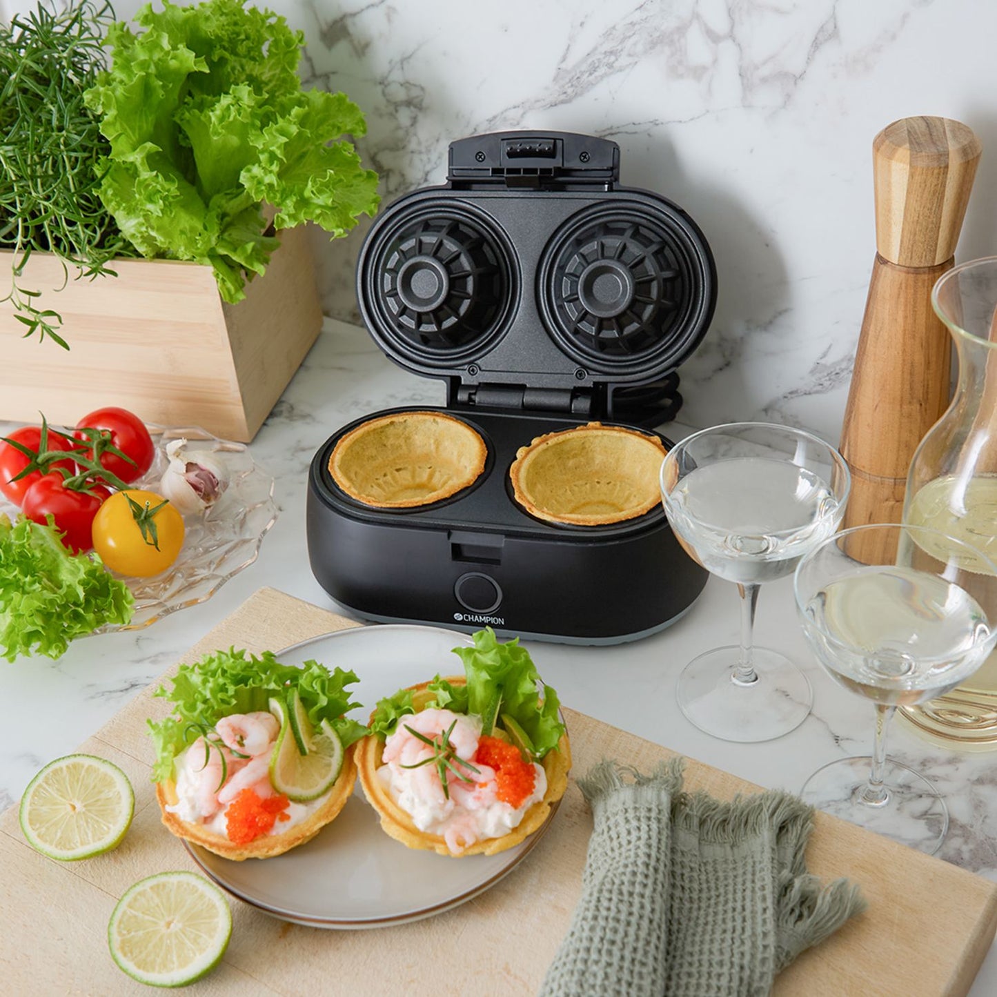 Double Waffle Bowl Maker, 1000W, Non-Stick, Black
