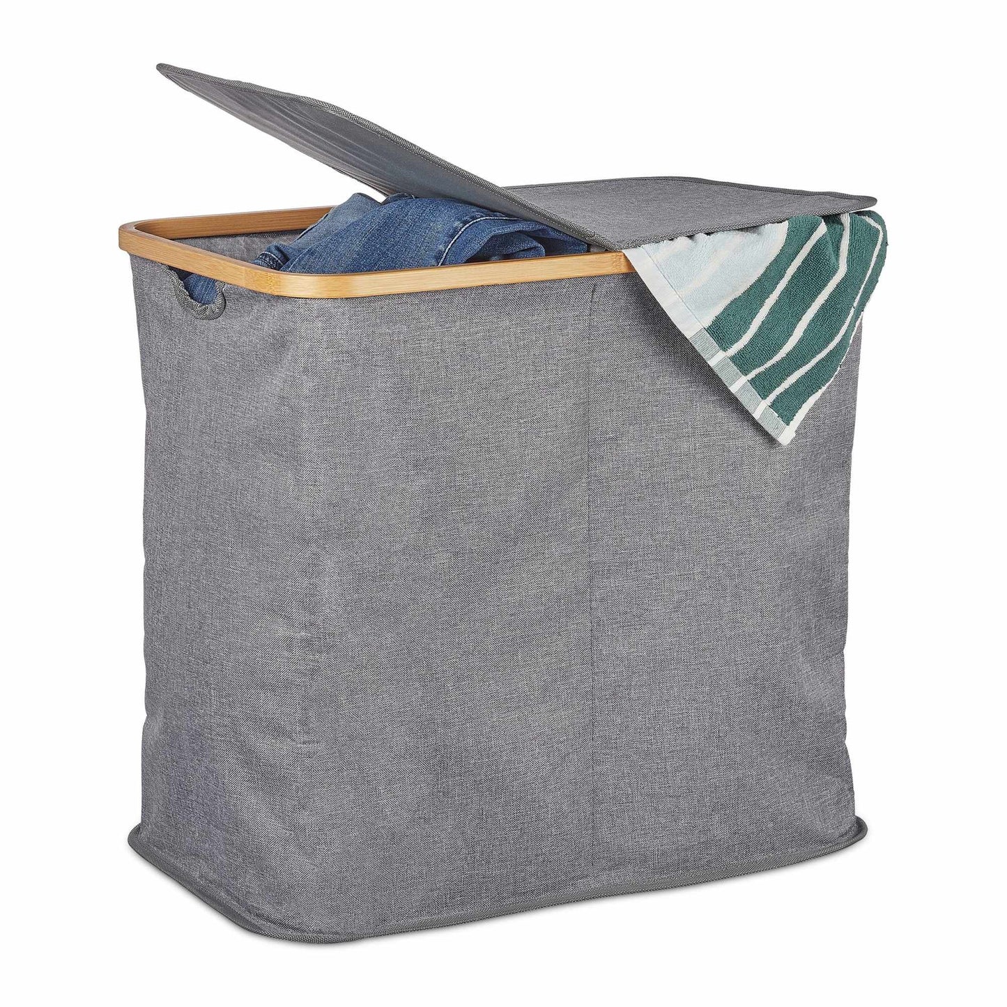 Double laundry basket with lid gray