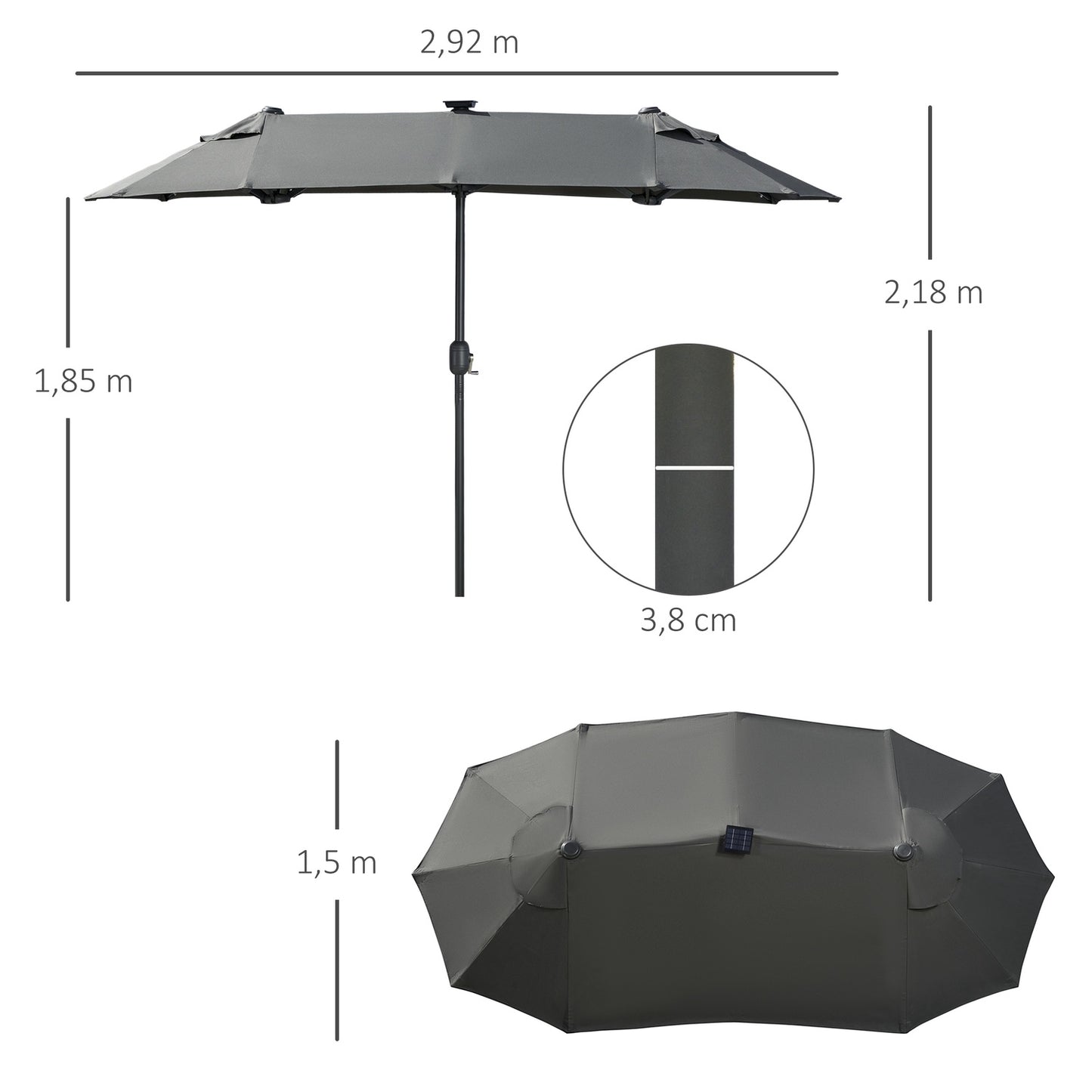 Double garden parasol, 295x219cm, windproof with LED & Tilt