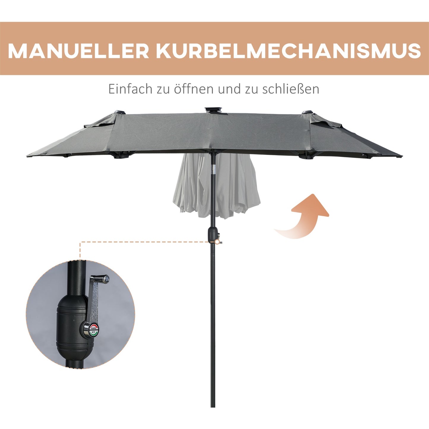 Double garden parasol, 295x219cm, windproof with LED & Tilt