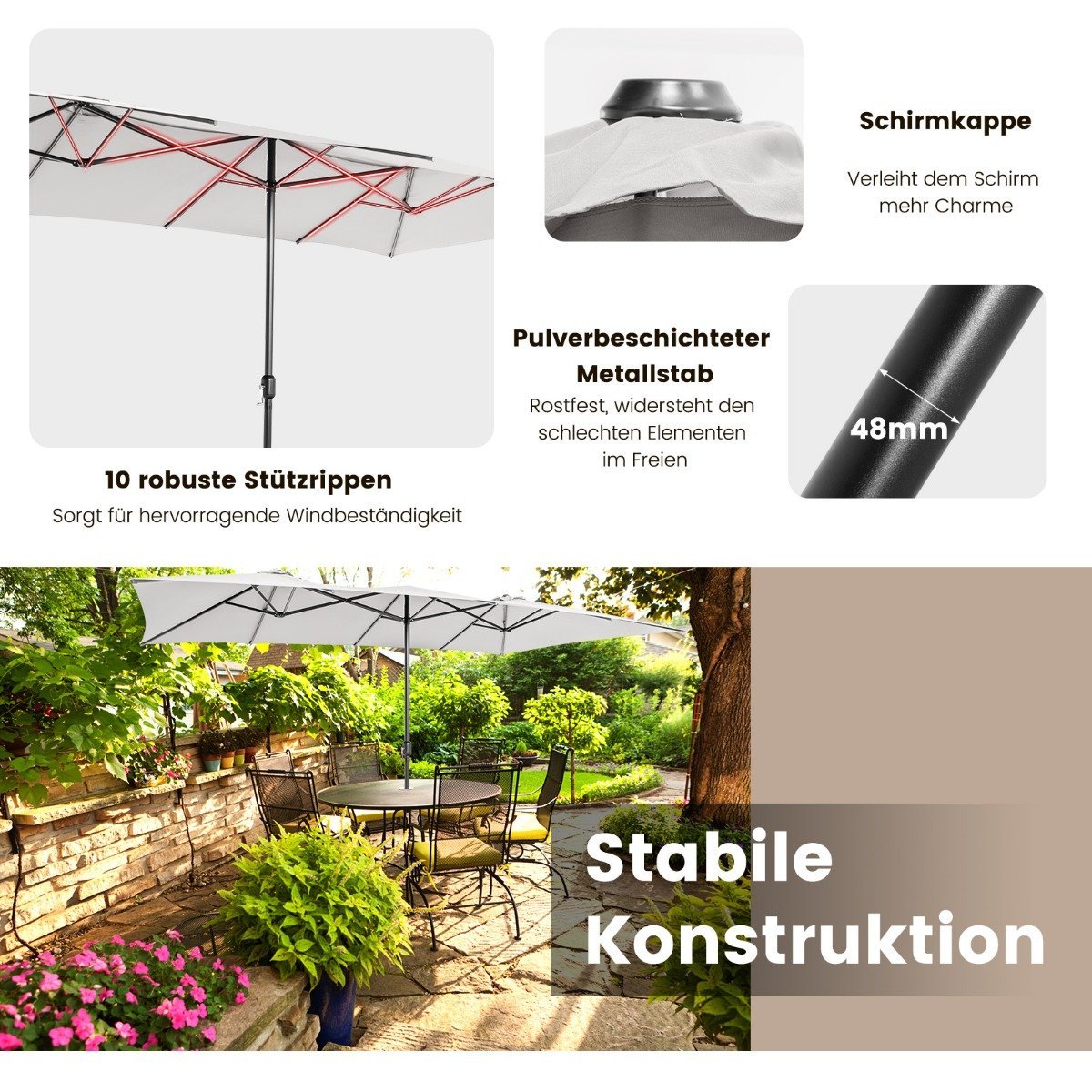 Double parasol 426 x 265 cm rectangular parasol UV protection beige