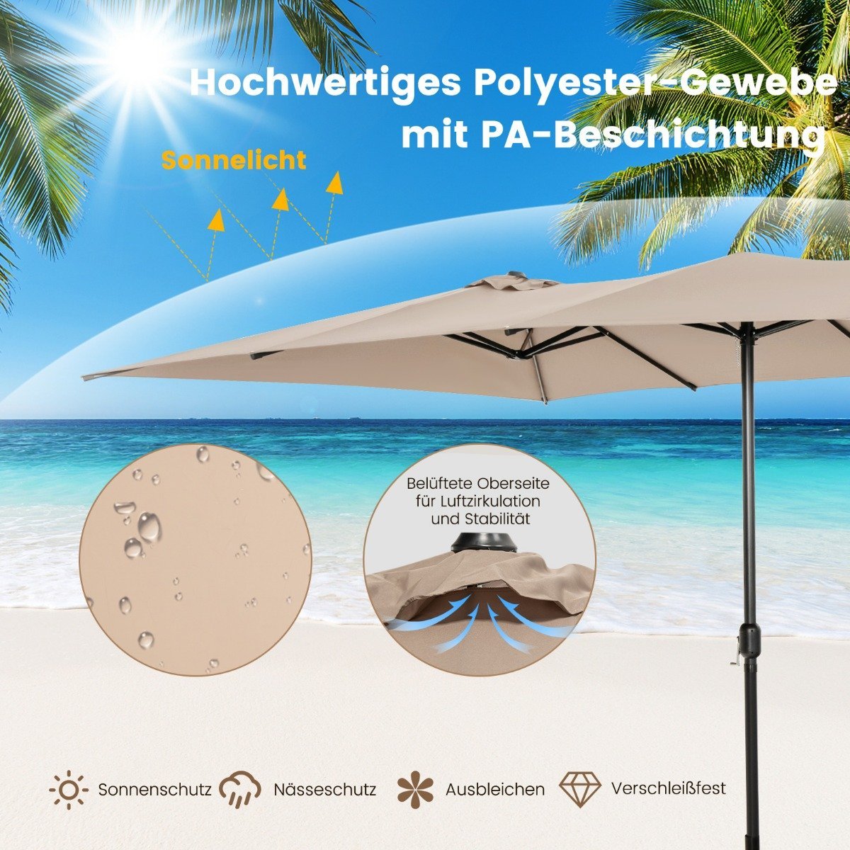 Double parasol 426 x 265 cm rectangular parasol UV protection brown