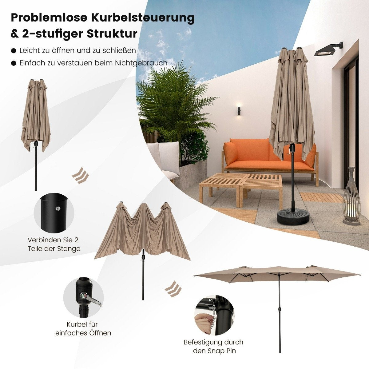 Double parasol 426 x 265 cm rectangular parasol UV protection brown
