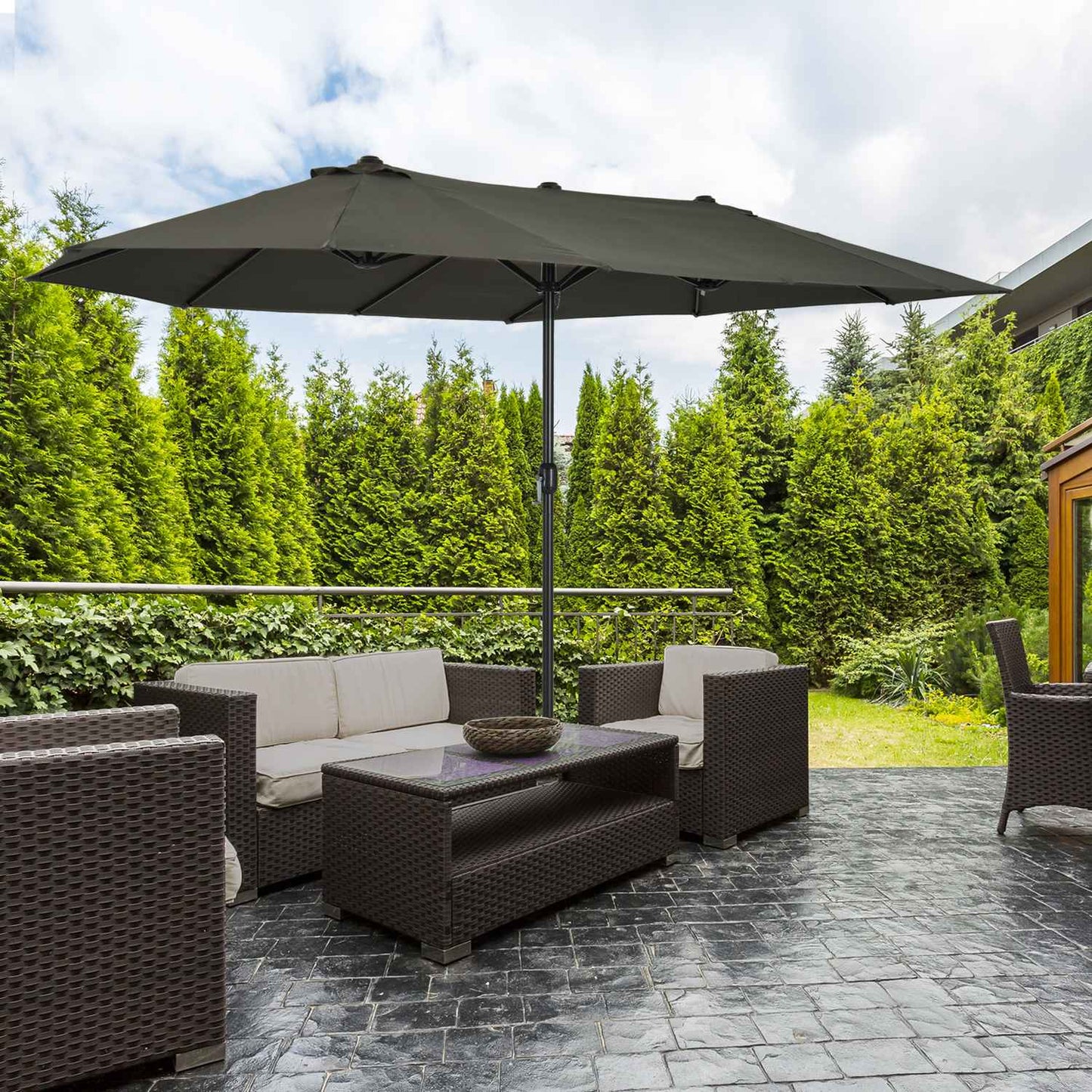 Double parasol garden umbrella, grey, oval, hand crank