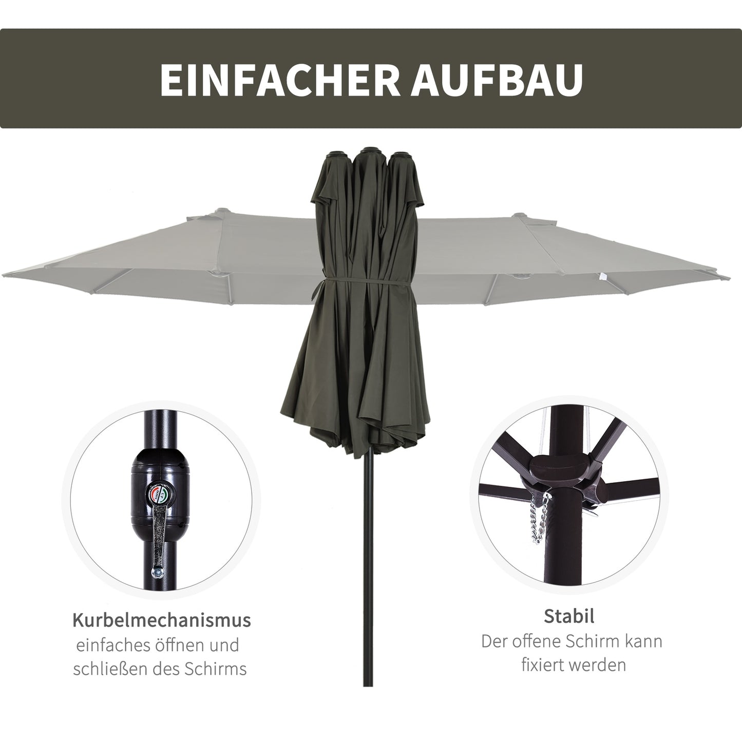 Double parasol garden umbrella, grey, oval, hand crank