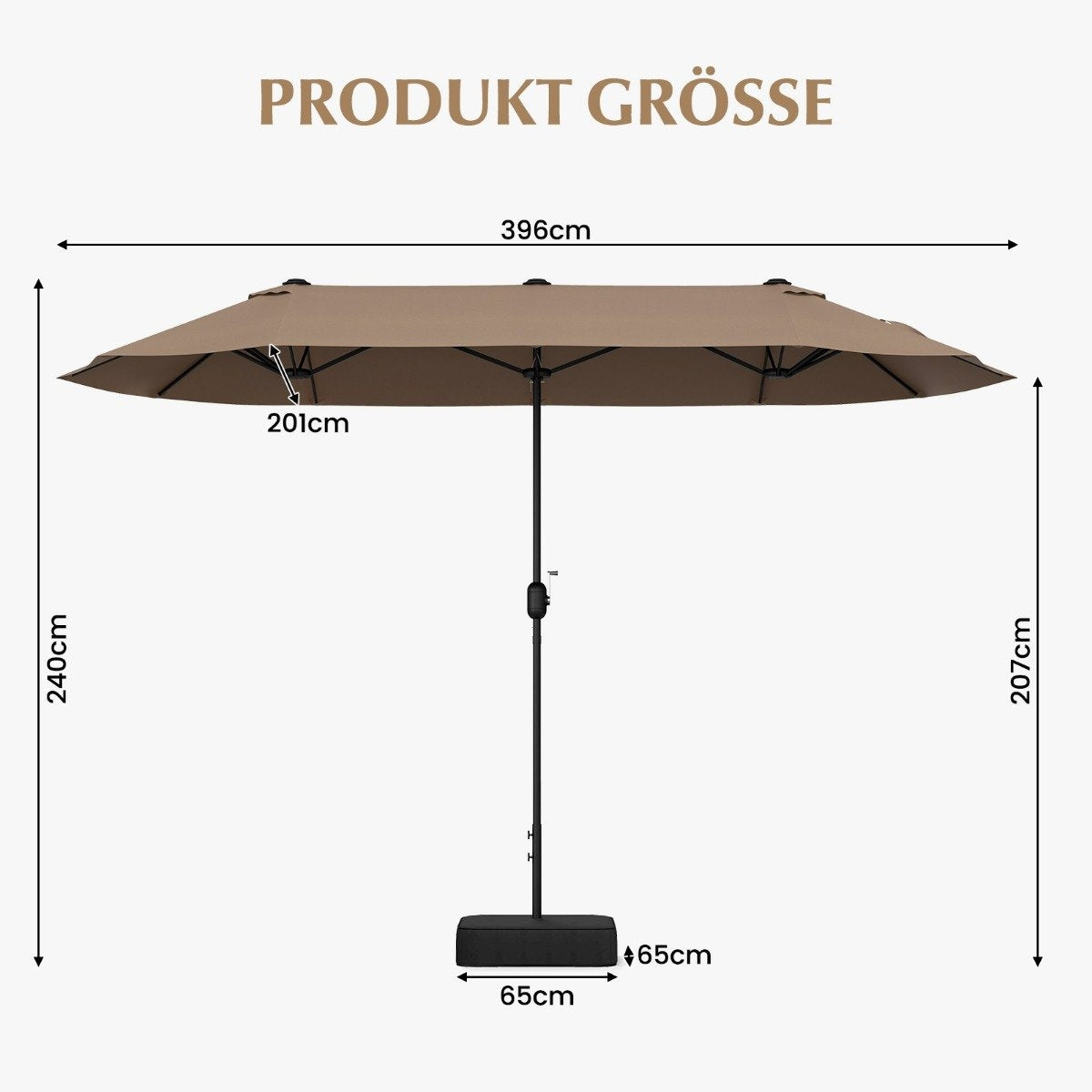 Double parasol with stand 400 x 200 cm parasol large XXL brown