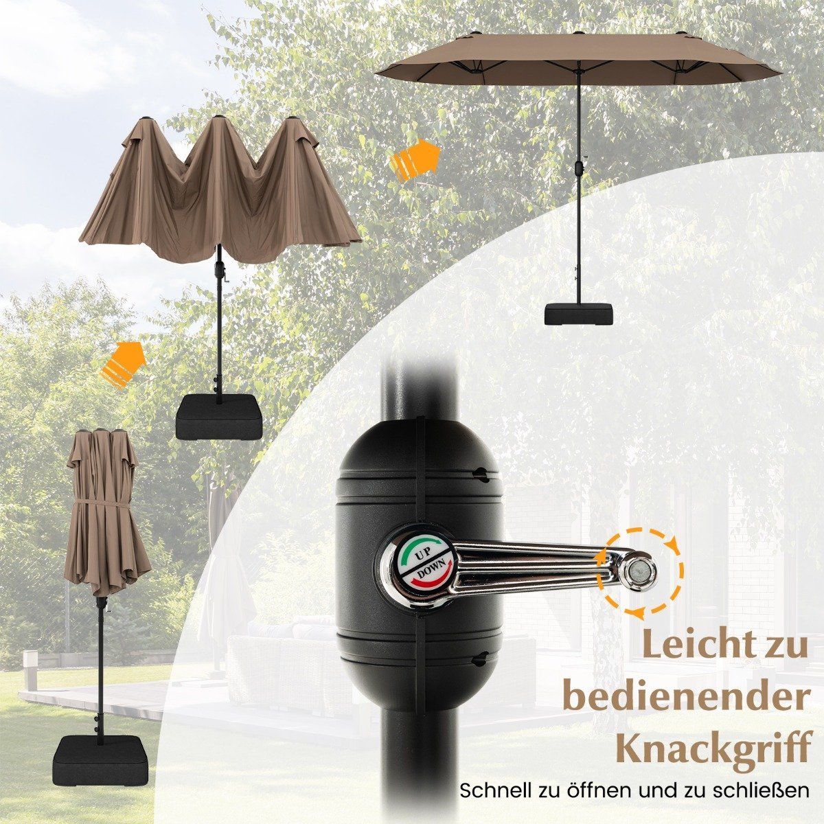 Double parasol with stand 400 x 200 cm parasol large XXL brown