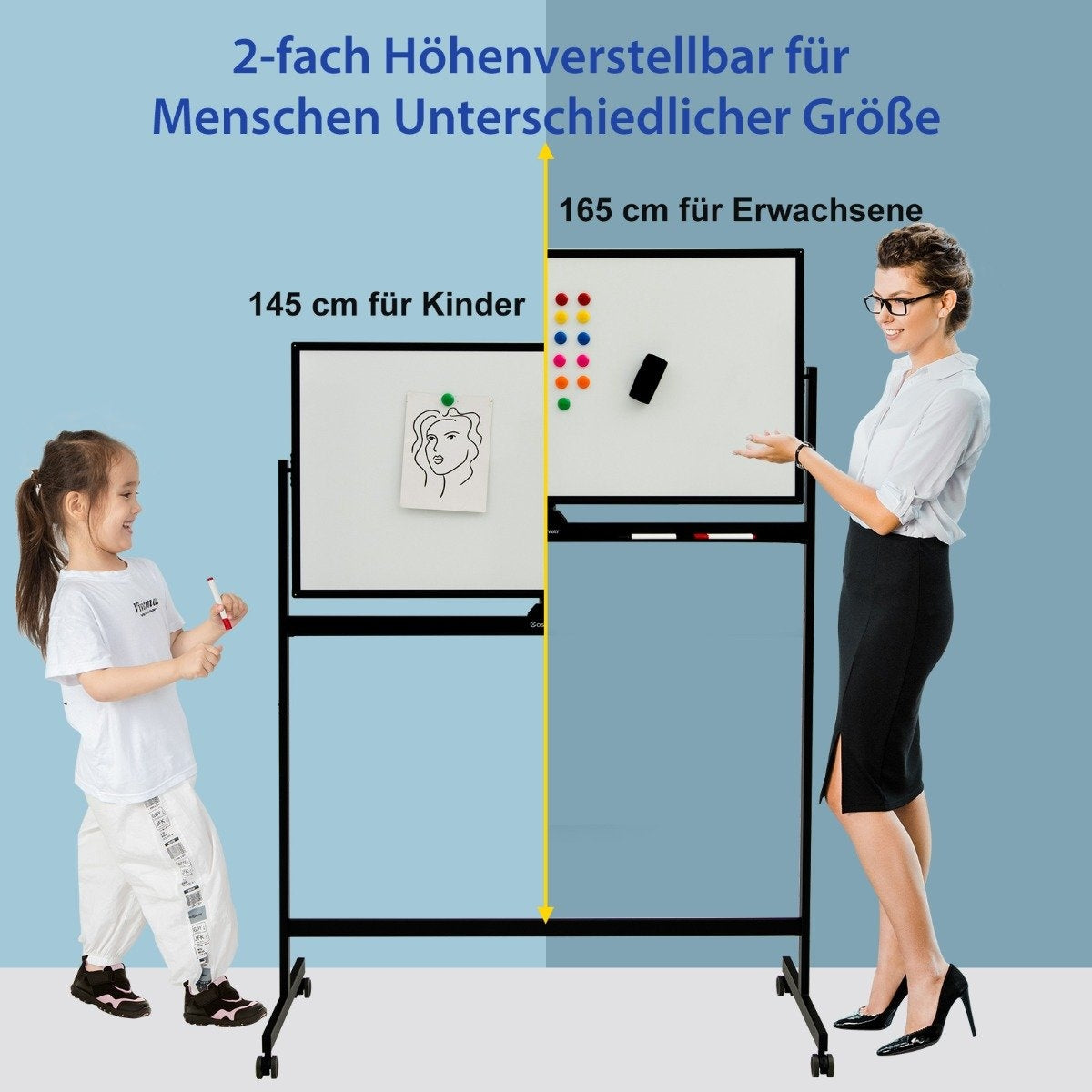 Double-sided magnetic mobile whiteboard mobile rolling whiteboard for office black