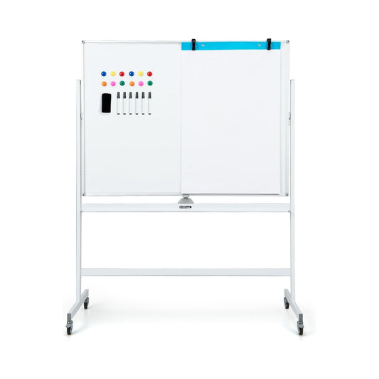 Double-sided mobile whiteboard with grid pattern & stand & pen tray 120x90cm white