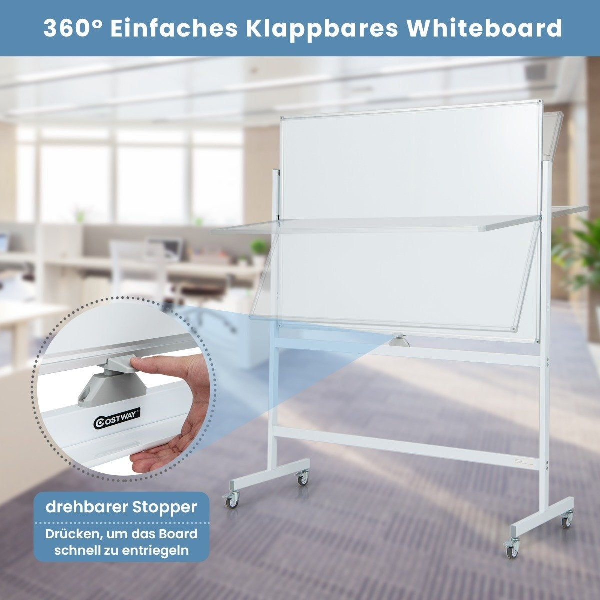 Double-sided mobile whiteboard with grid pattern & stand & pen tray 120x90cm white