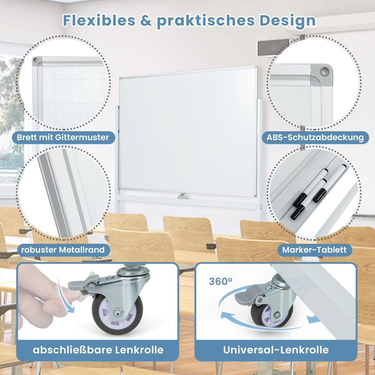Double-sided mobile whiteboard with grid pattern & stand & pen tray 120x90cm white