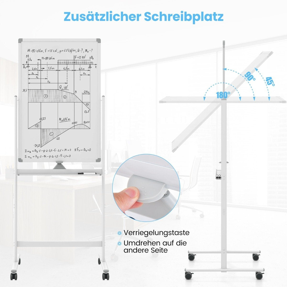 Double-sided mobile whiteboard with pen tray & accessories for school office 60 x 90 cm white