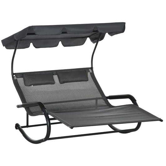 Double Garden Swing Lounger, Cushion & Canopy, 220 kg, Dark Grey