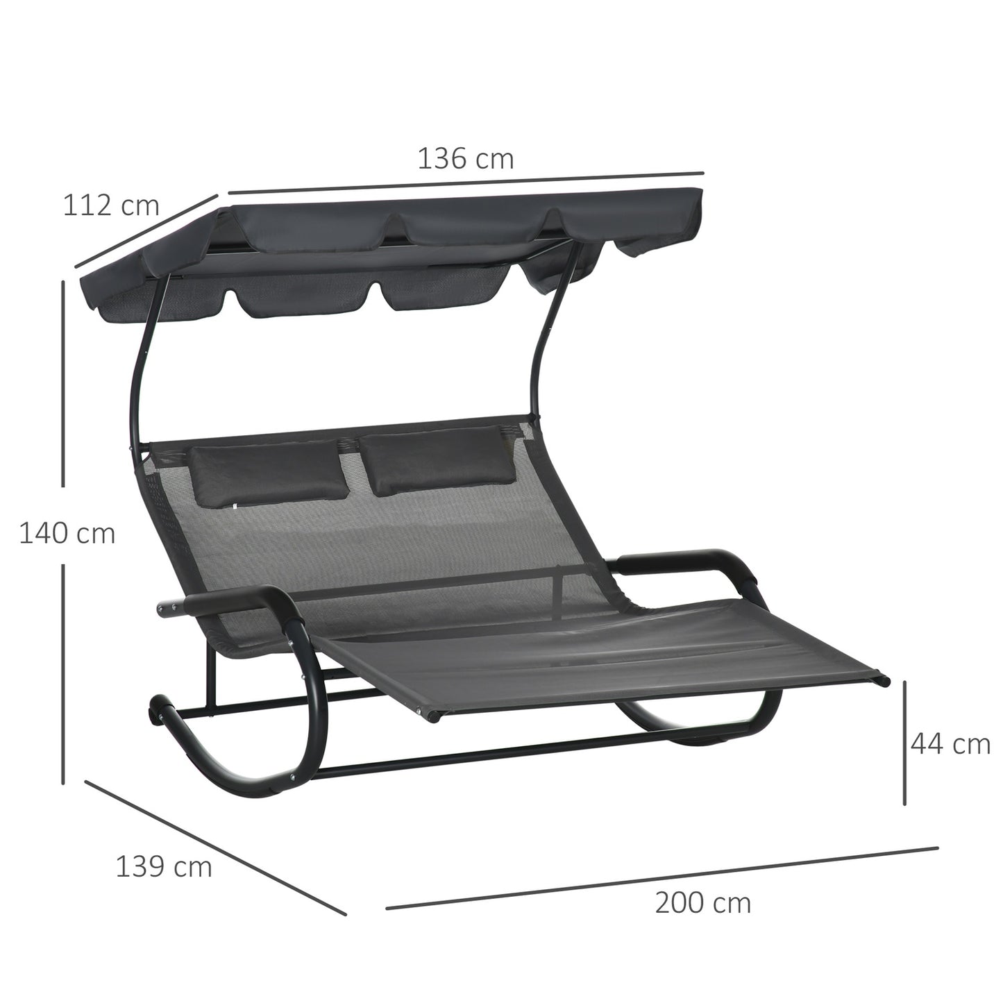 Double Garden Swing Lounger, Cushion & Canopy, 220 kg, Dark Grey