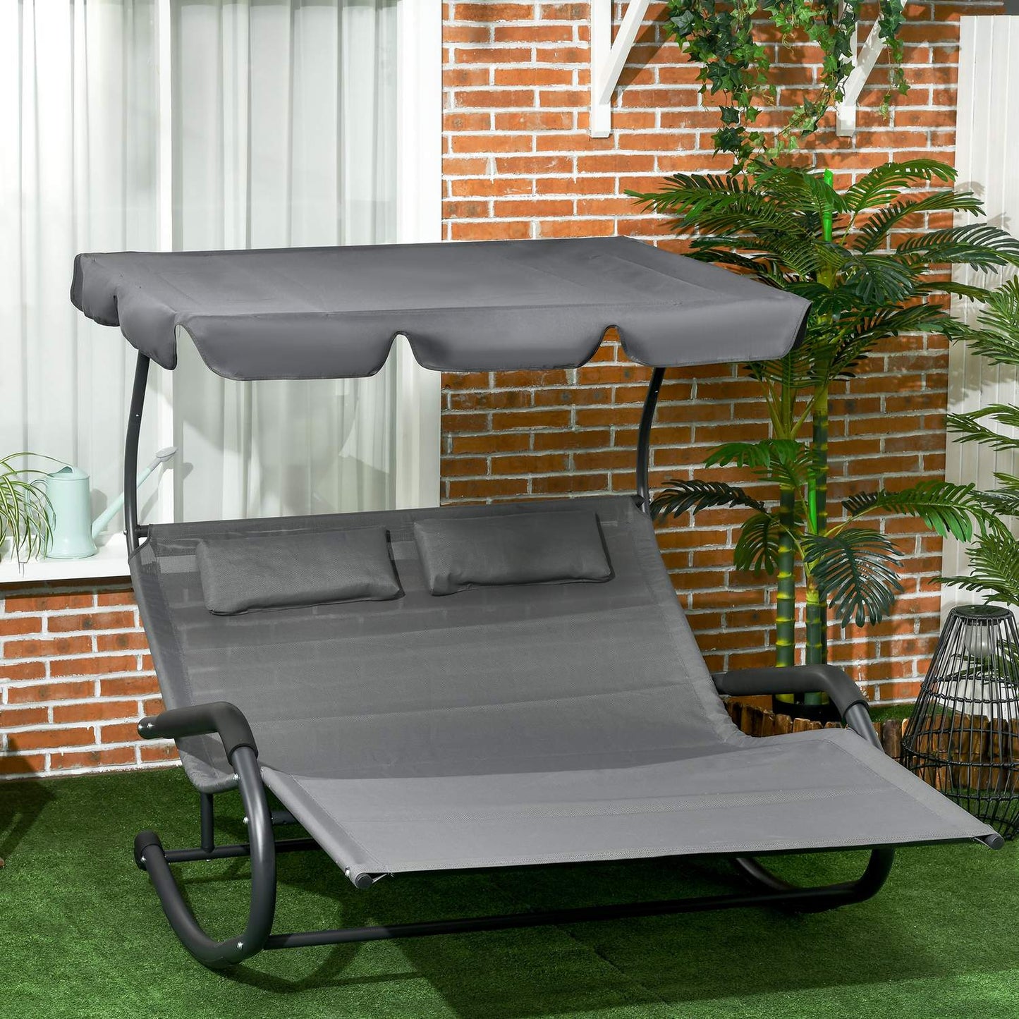 Double Garden Swing Lounger, Cushion & Canopy, 220 kg, Dark Grey