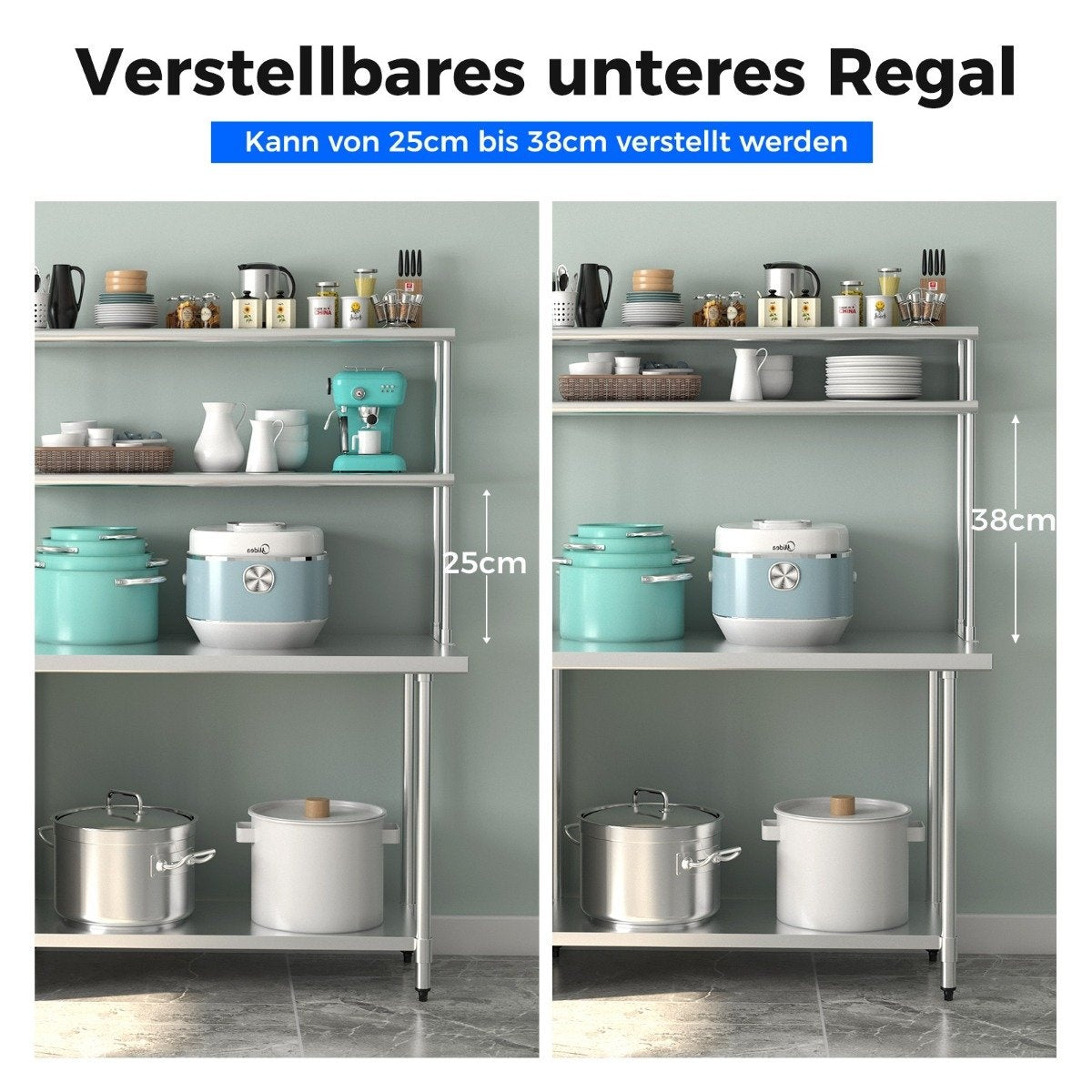 Double tier top shelf stainless steel shelf with adjustable bottom shelf multi-purpose shelf silver