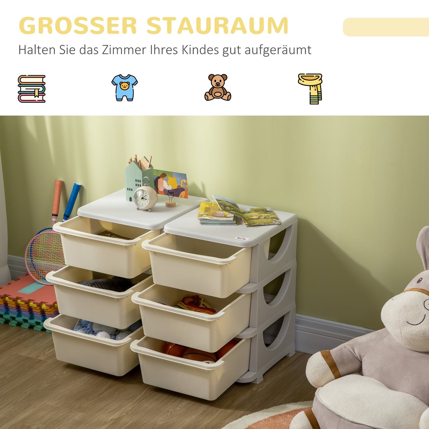 Chest of drawers in cream for children with storage in 6 levels