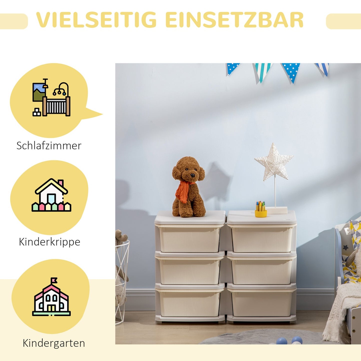 Chest of drawers in cream for children with storage in 6 levels