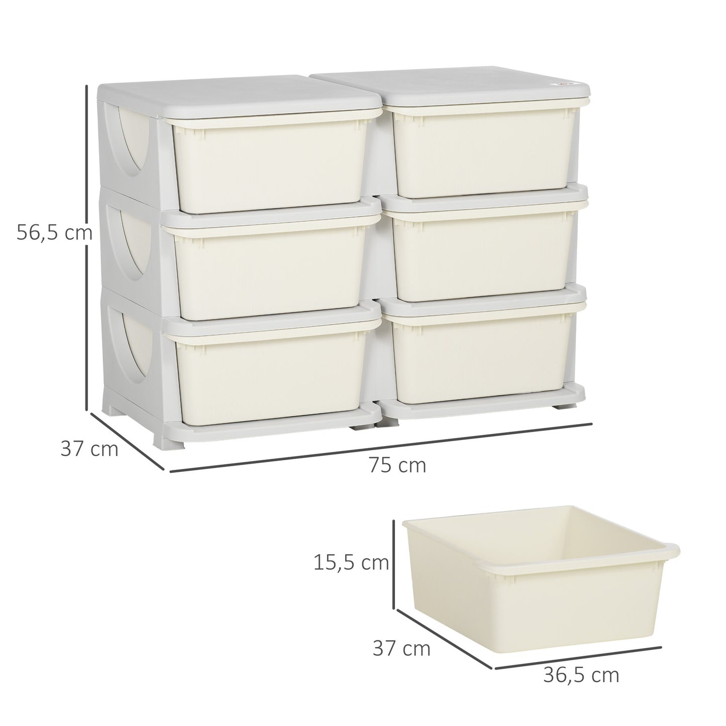 Chest of drawers in cream for children with storage in 6 levels