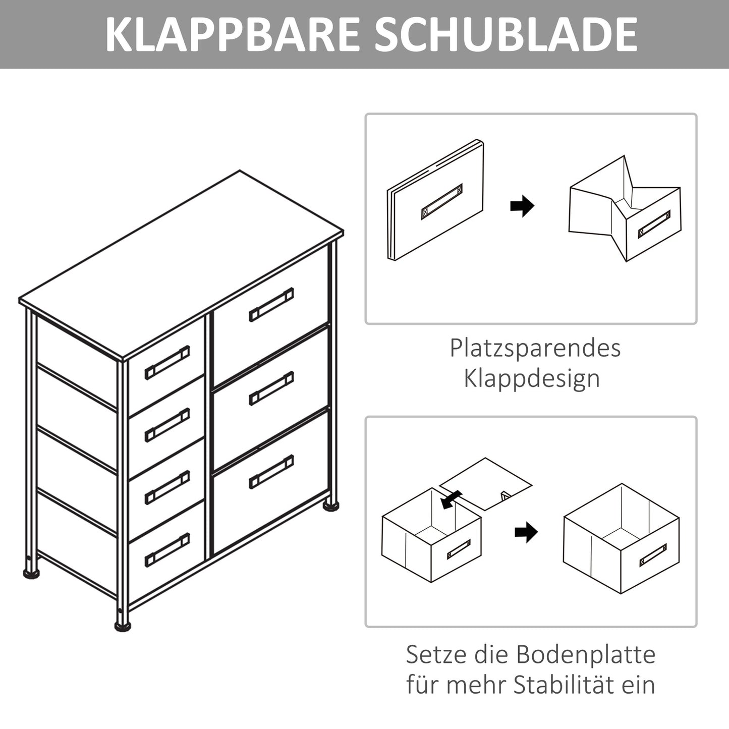 Space-saving gray storage cabinet with 7 collapsible drawers