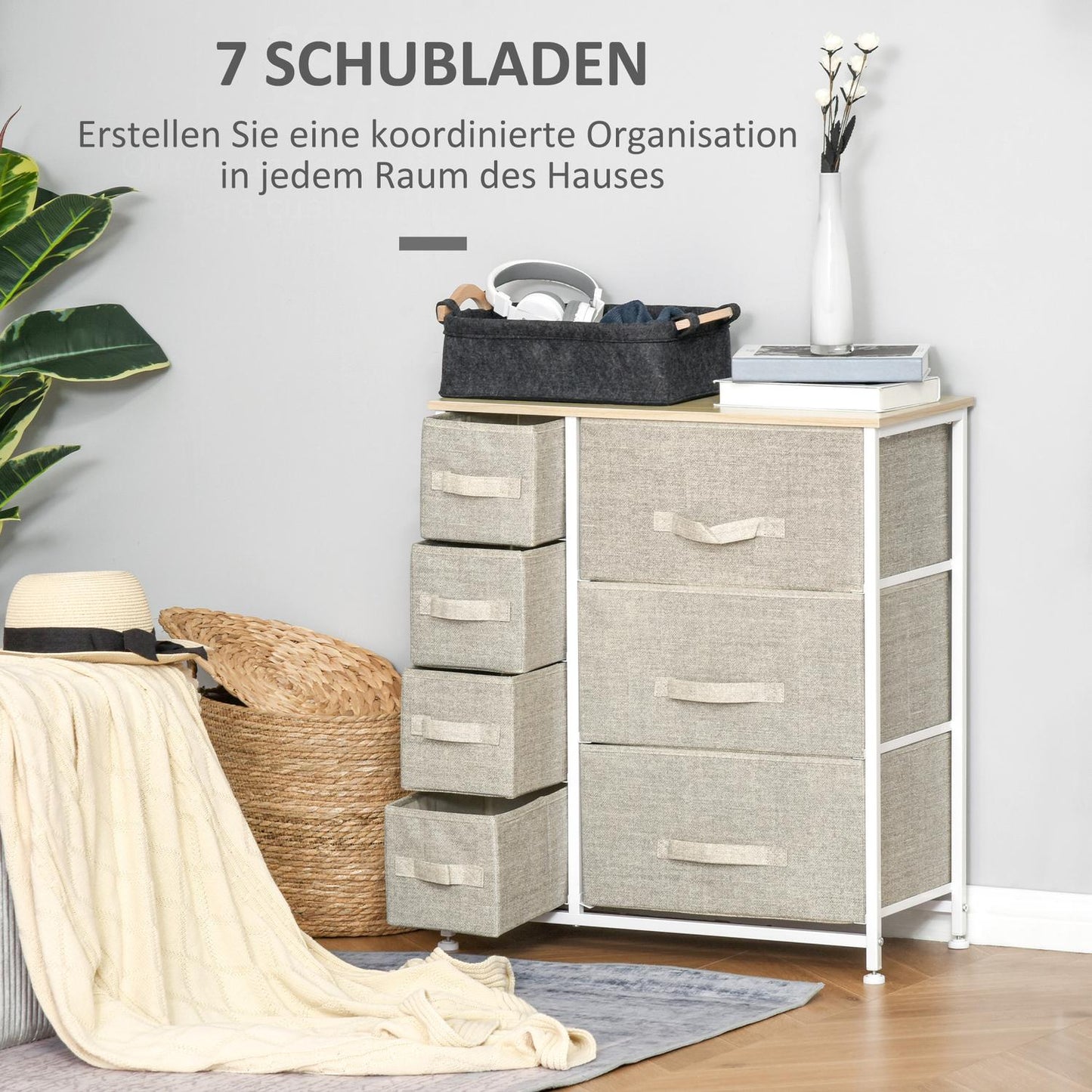 Space-saving gray storage cabinet with 7 collapsible drawers