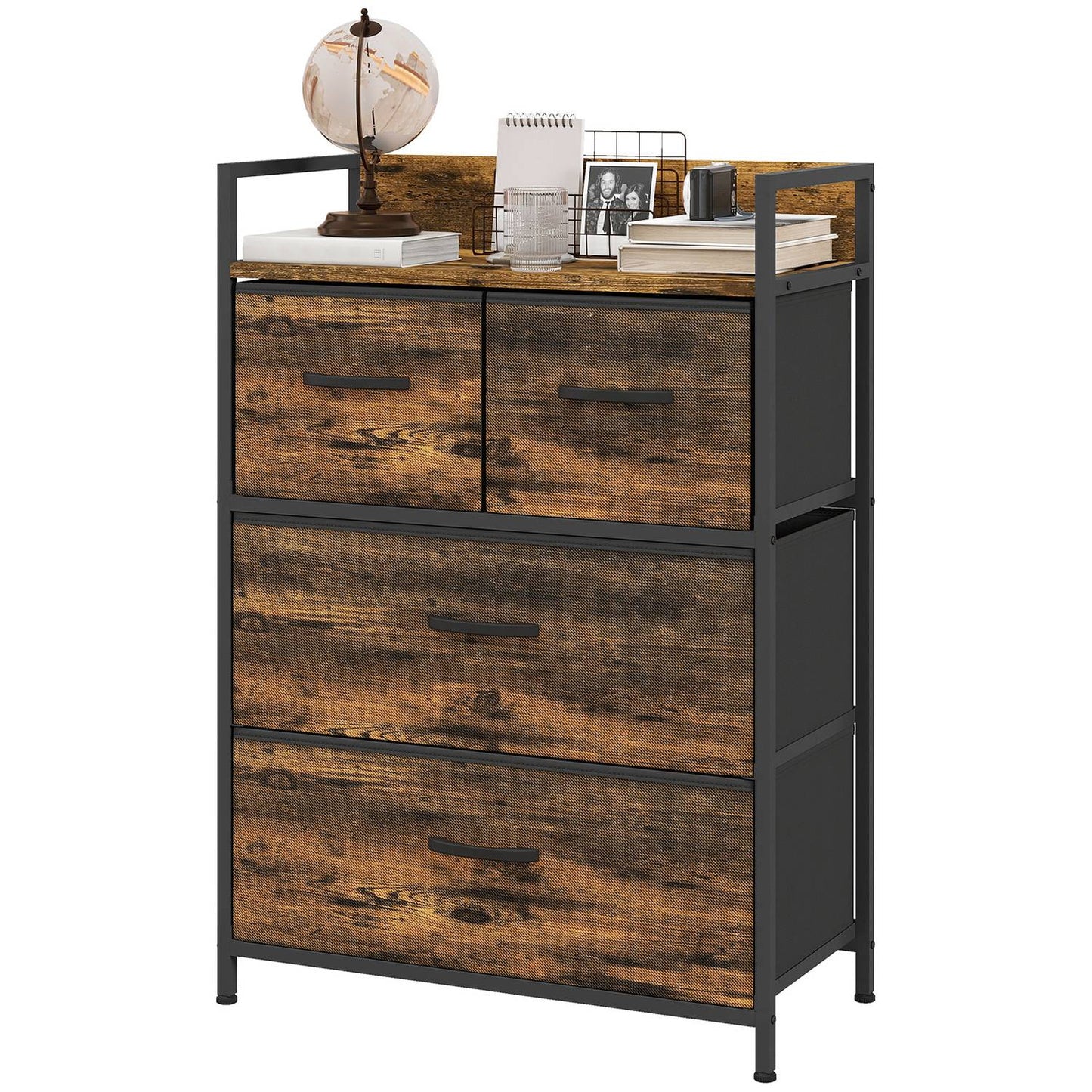 Rustic brown dresser with 4 folding fabric drawers