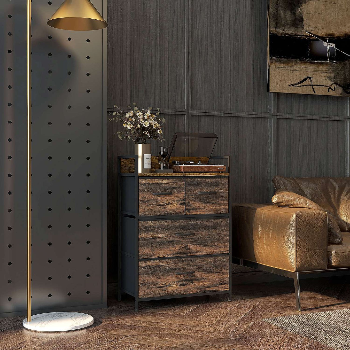 Rustic brown dresser with 4 folding fabric drawers