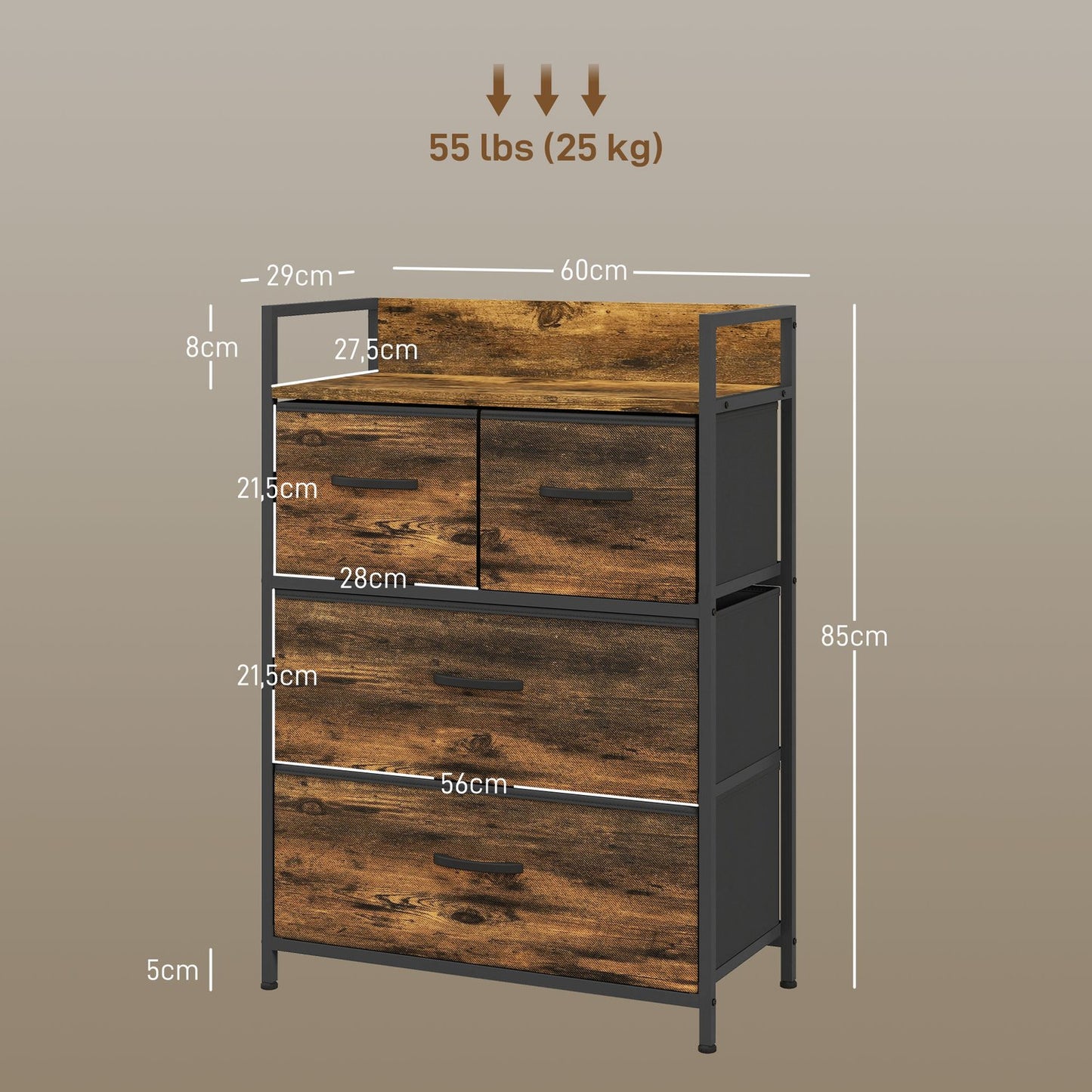 Rustic brown dresser with 4 folding fabric drawers