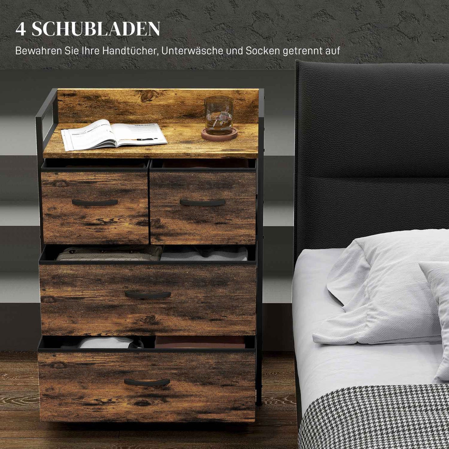 Rustic brown dresser with 4 folding fabric drawers