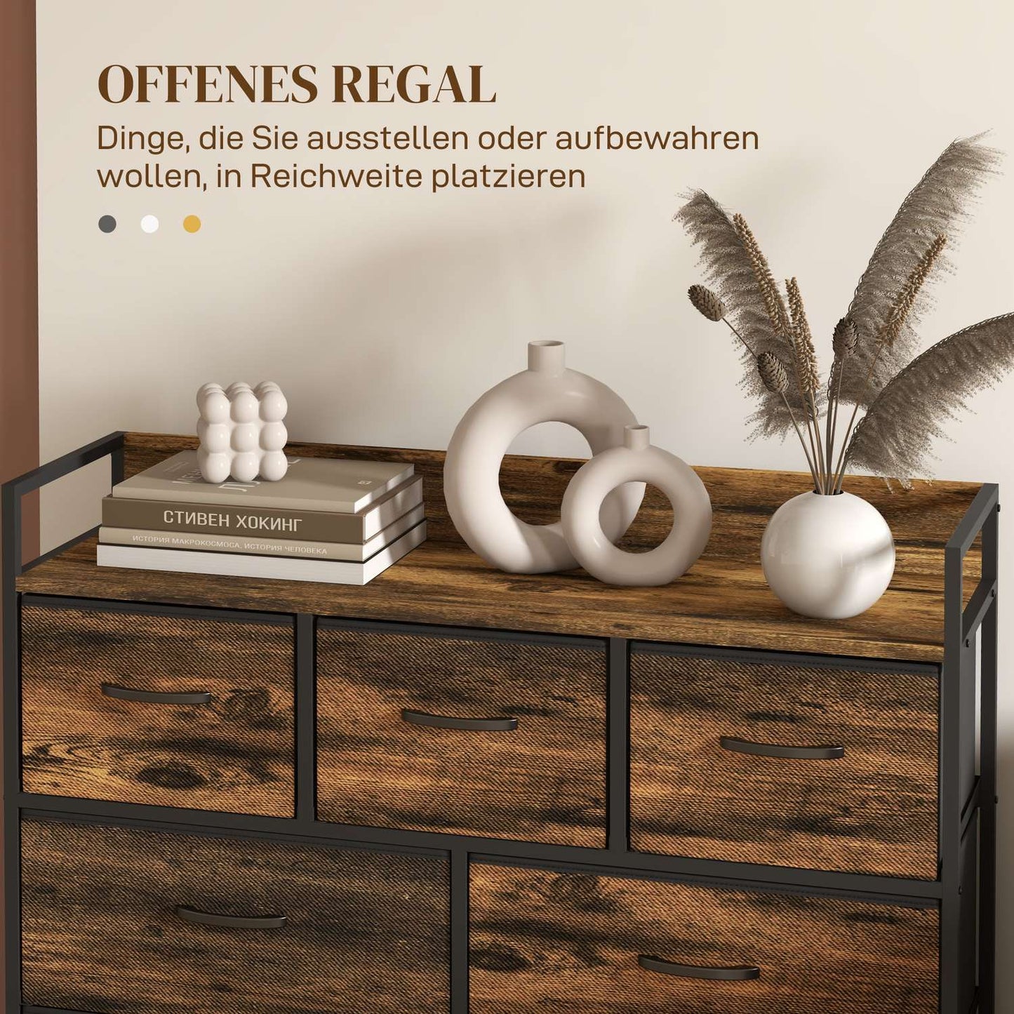 Industrial Style Sideboard, 7 Fabric Drawers - Rustic Brown