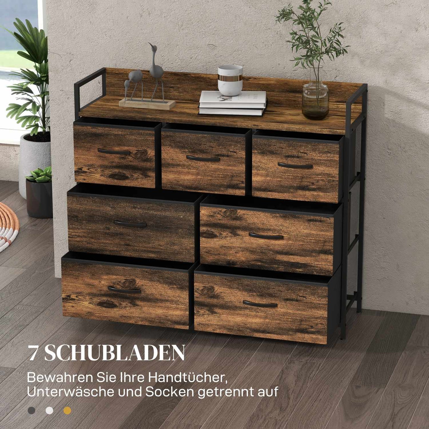 Industrial Style Sideboard, 7 Fabric Drawers - Rustic Brown