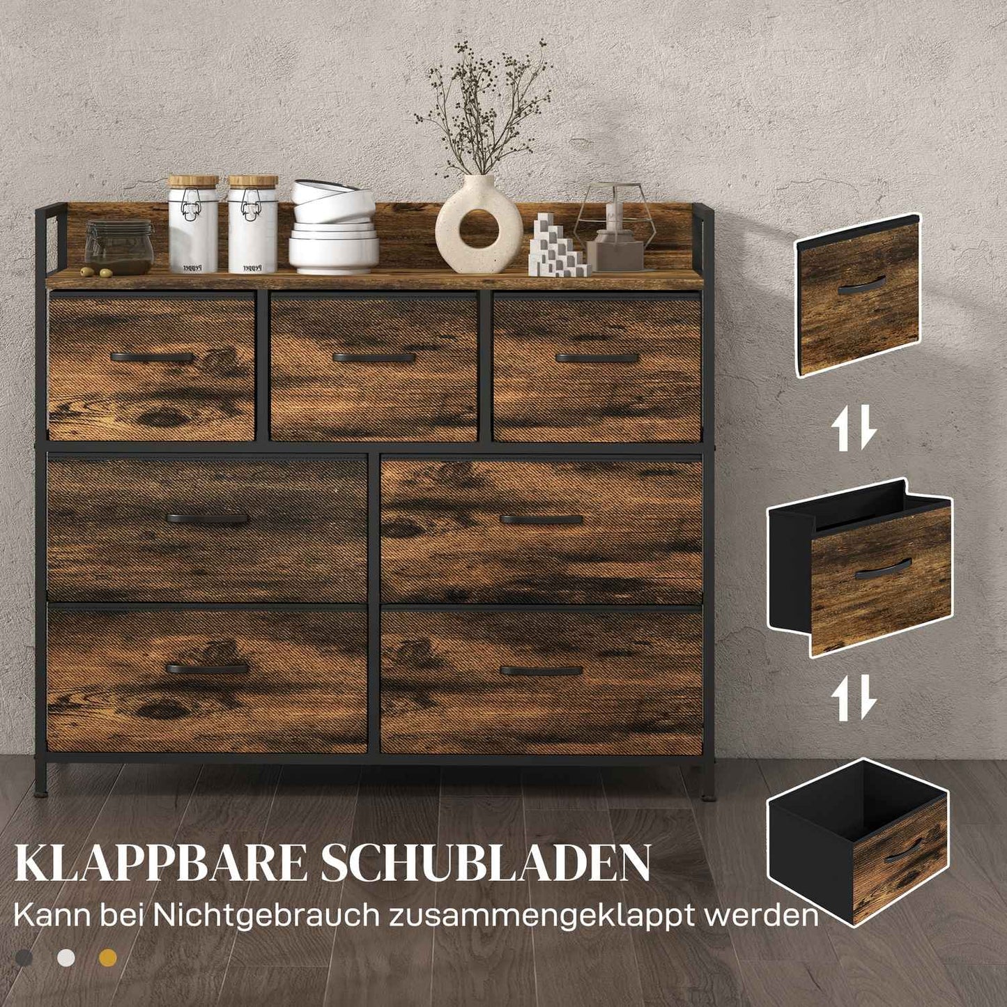 Industrial Style Sideboard, 7 Fabric Drawers - Rustic Brown