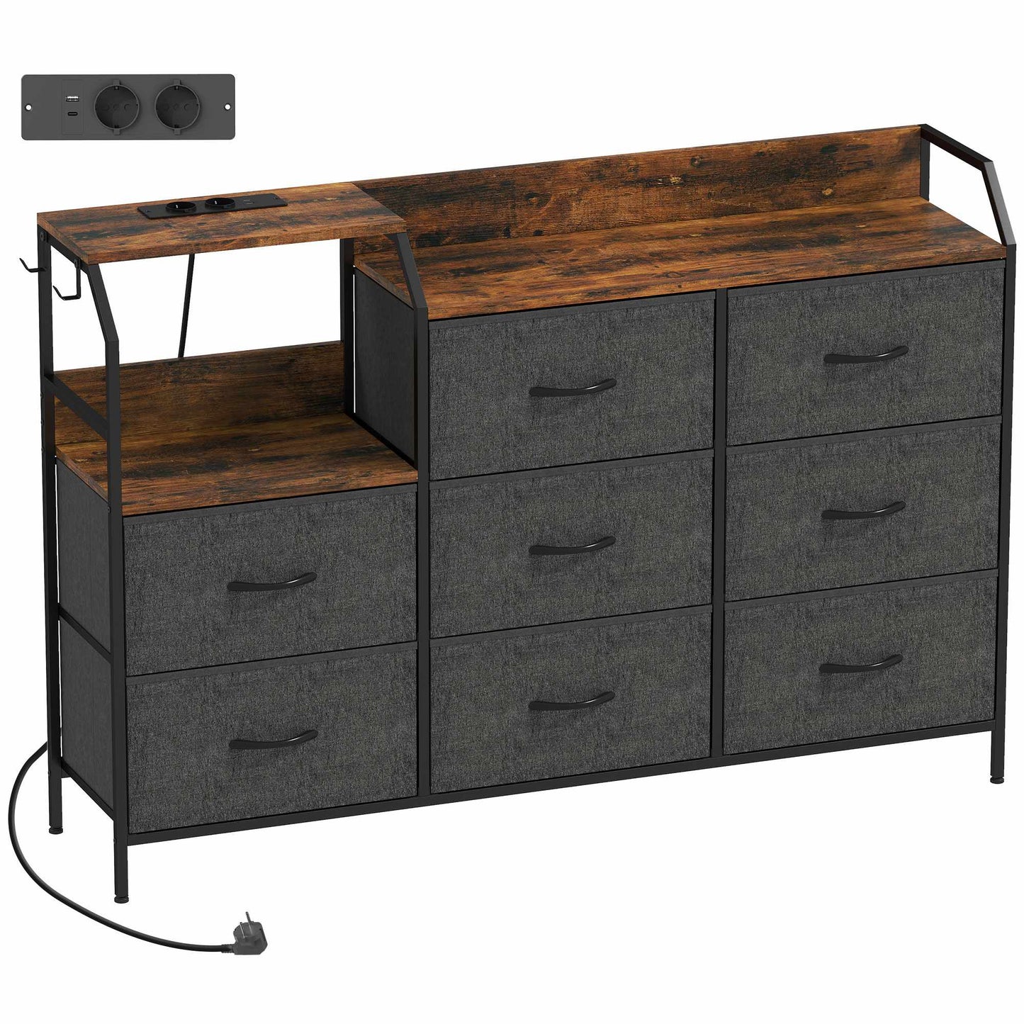 Dresser with 8 Fabric Drawers, Steel Frame, Charging Station
