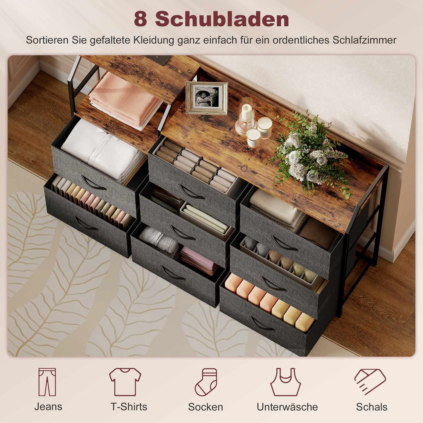 Dresser with 8 Fabric Drawers, Steel Frame, Charging Station