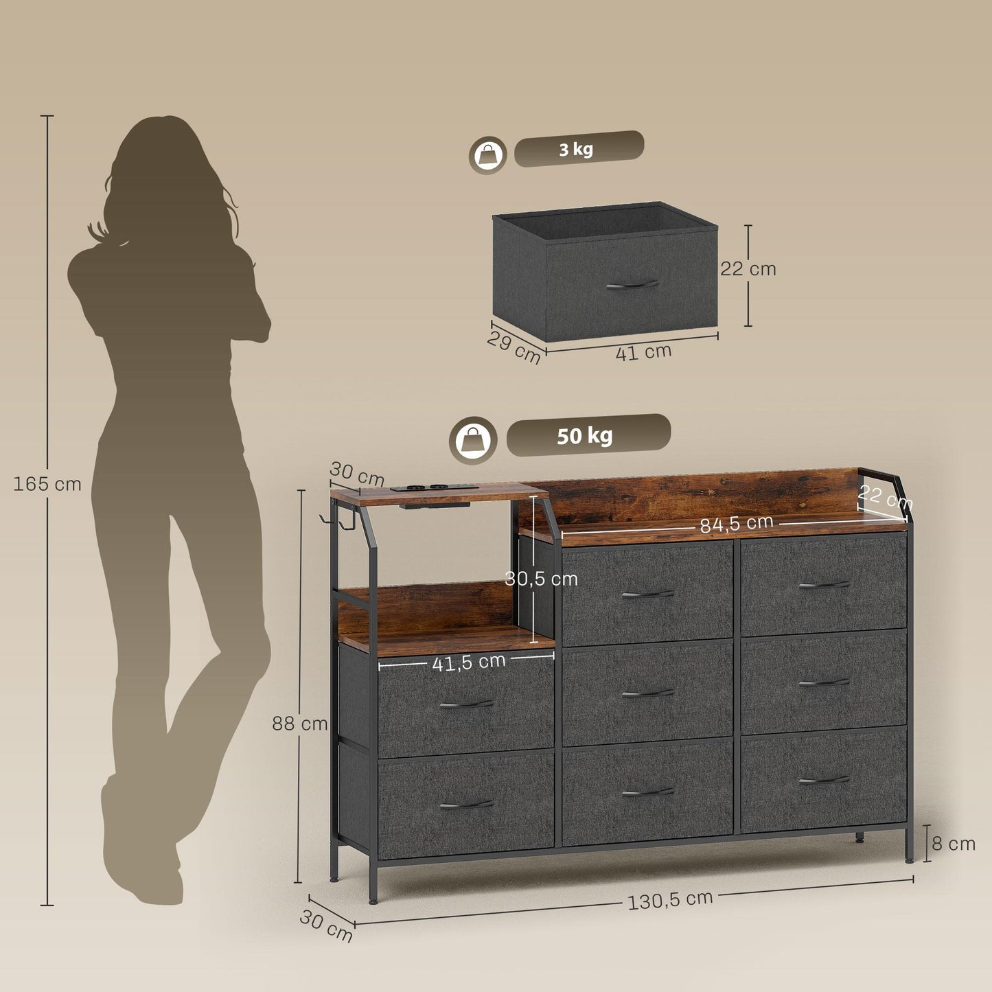 Dresser with 8 Fabric Drawers, Steel Frame, Charging Station