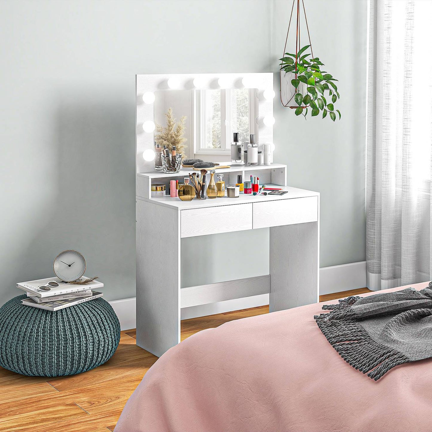 Dressing table with LED mirror, adjustable brightness, white