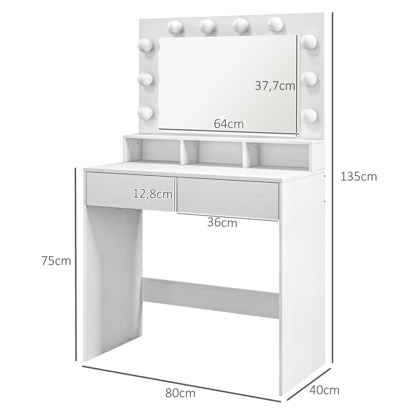 Dressing table with LED mirror, adjustable brightness, white