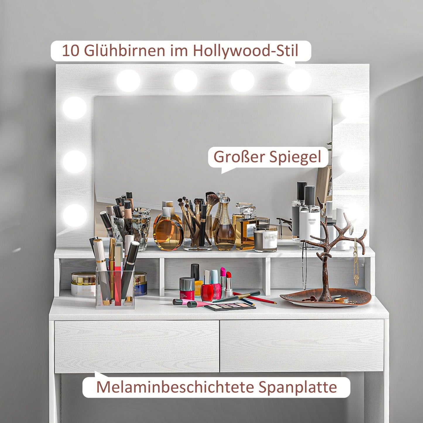 Dressing table with LED mirror, adjustable brightness, white
