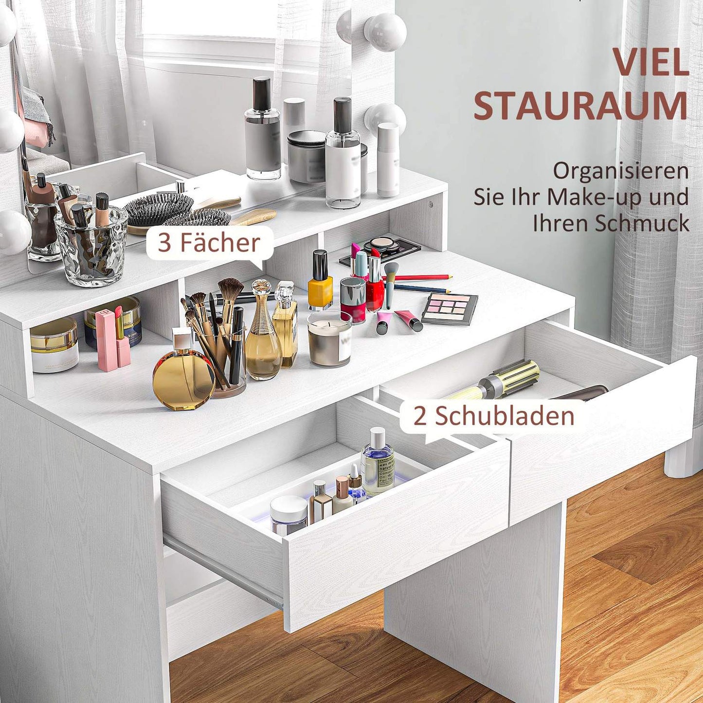 Dressing table with LED mirror, adjustable brightness, white