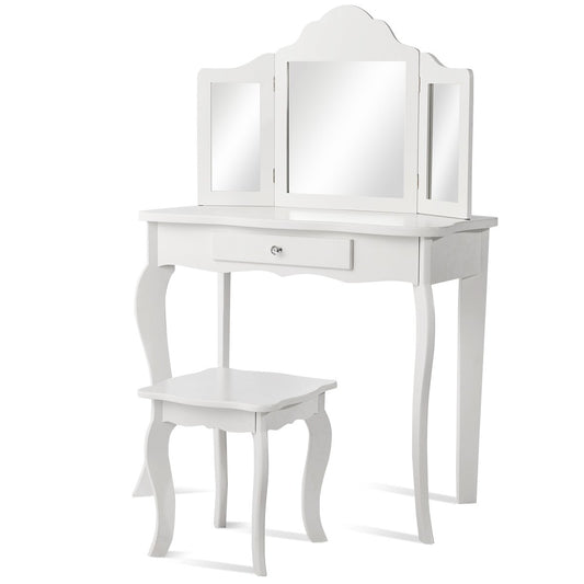 Dressing table and stool set for children, dressing table with drawer, mirror, 70 x 34 x 103 cm, white