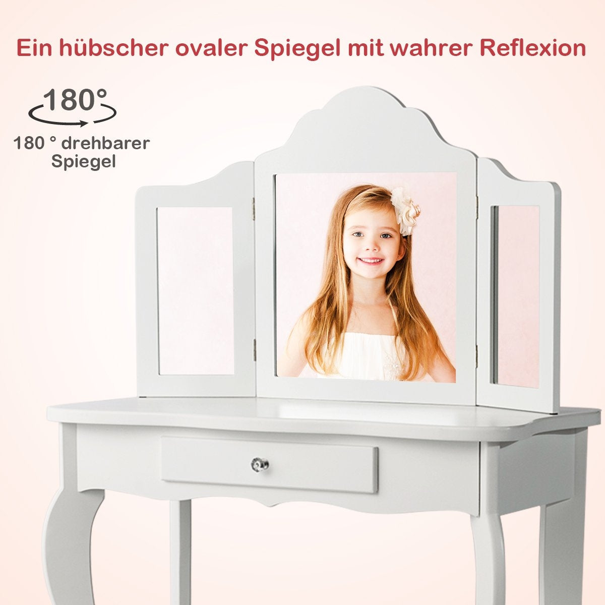 Dressing table and stool set for children, dressing table with drawer, mirror, 70 x 34 x 103 cm, white