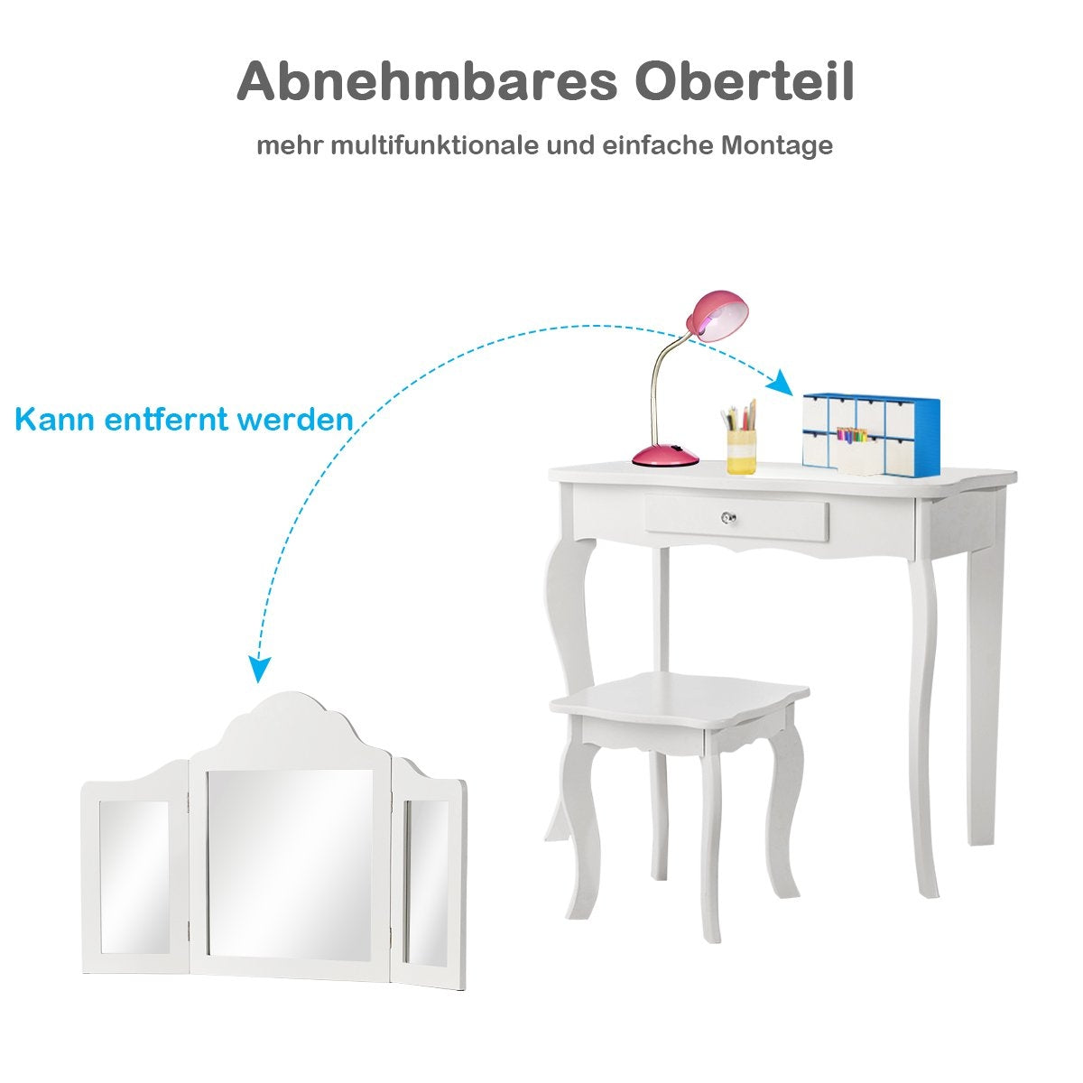 Dressing table and stool set for children, dressing table with drawer, mirror, 70 x 34 x 103 cm, white