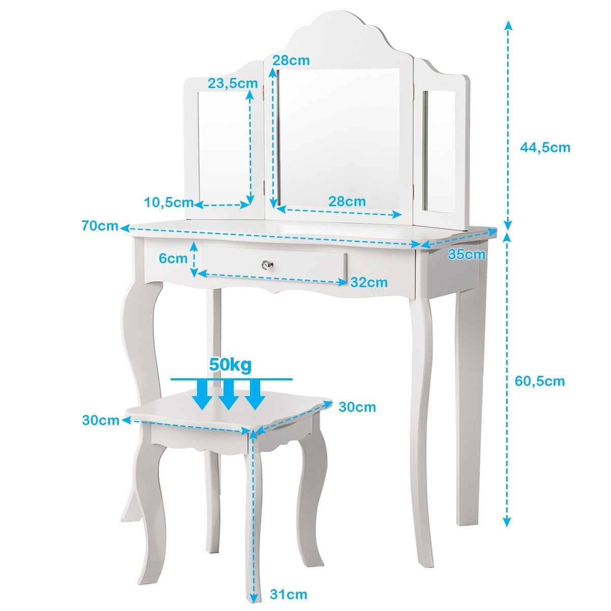 Dressing table and stool set for children, dressing table with drawer, mirror, 70 x 34 x 103 cm, white