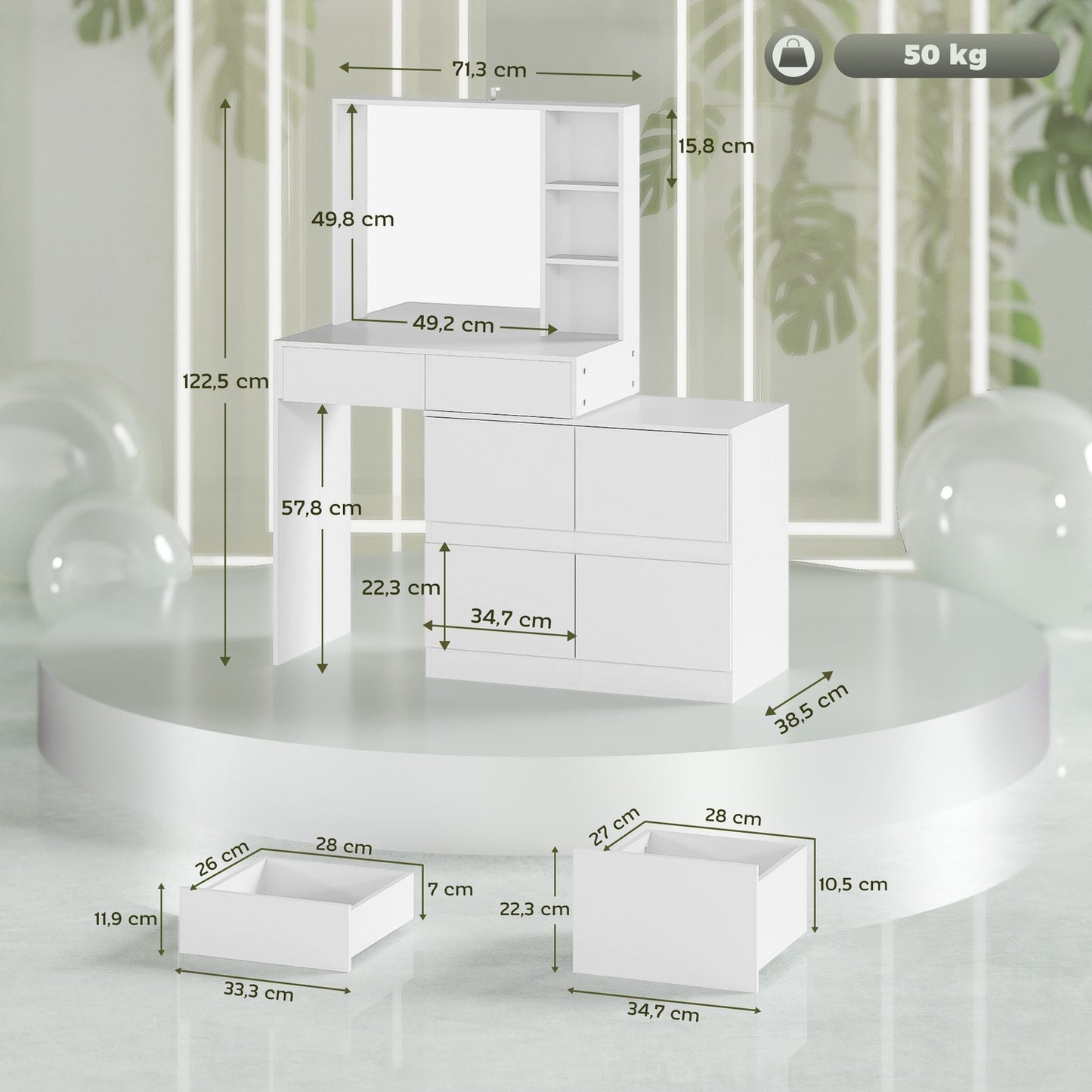White dressing table with mirror - 4 drawers & shelves