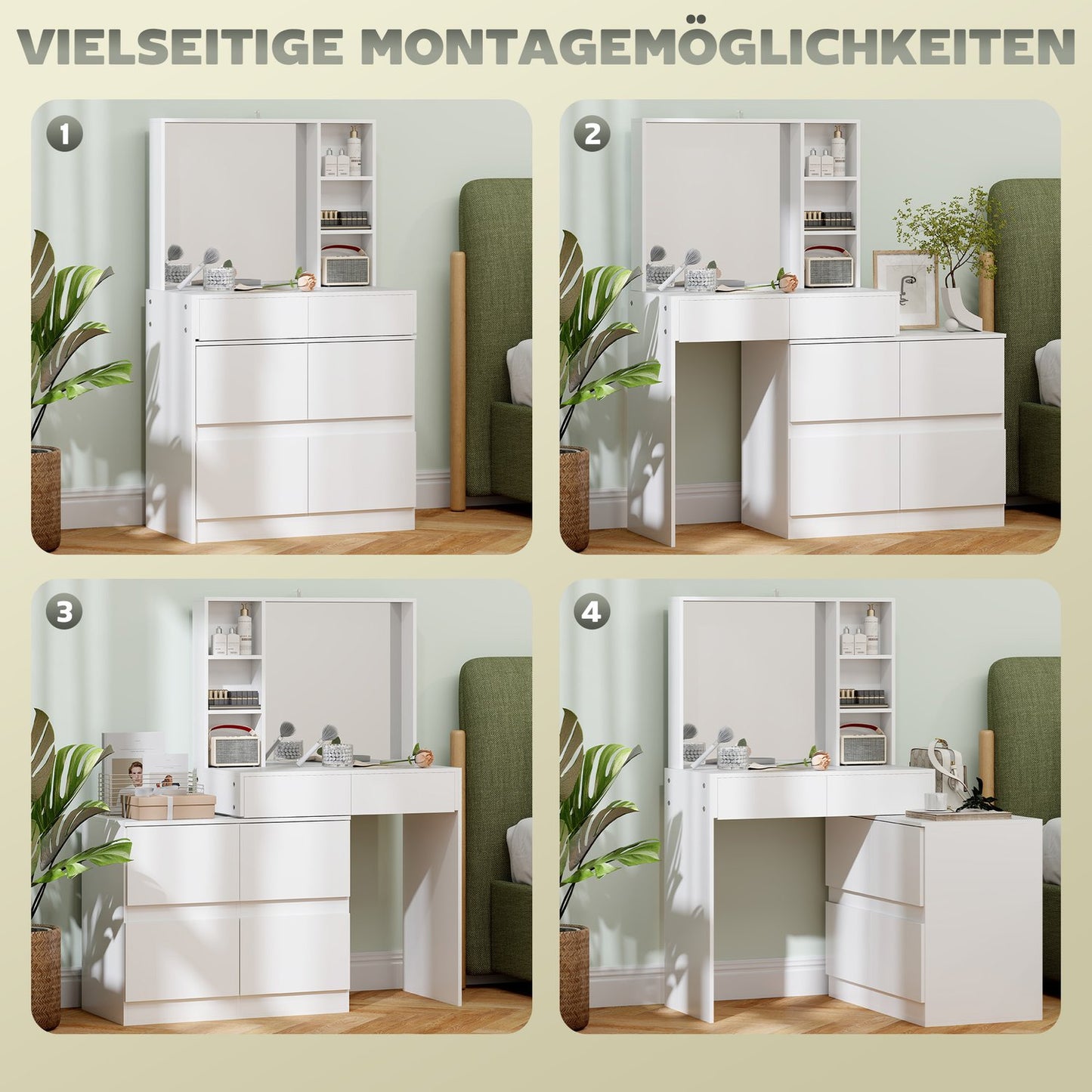 White dressing table with mirror - 4 drawers & shelves