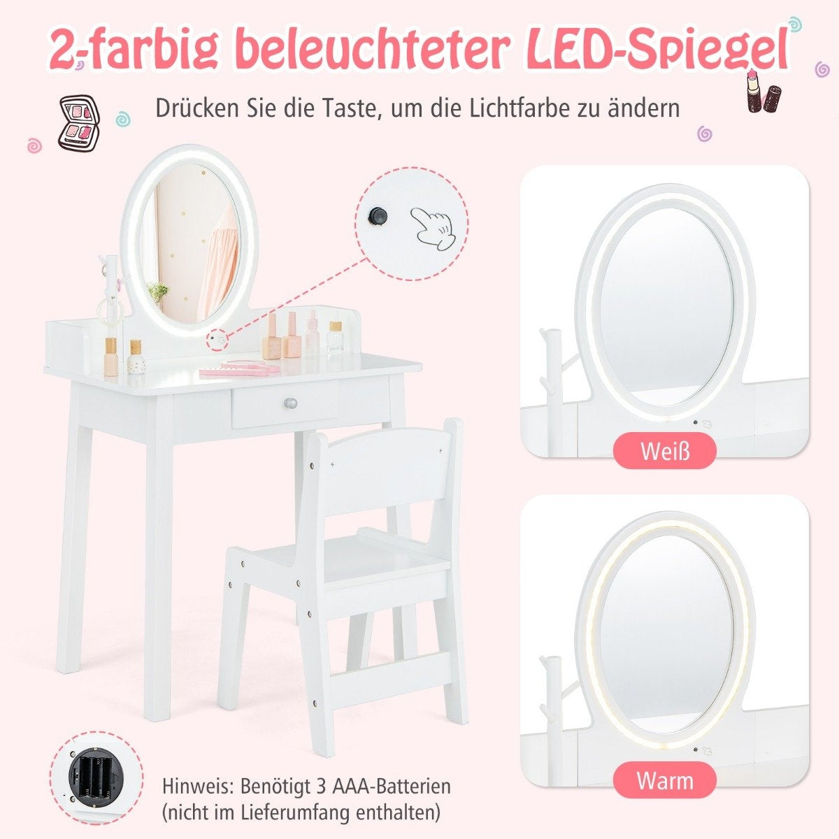 Dressing table for children with illuminated mirror Makeup table with chair White